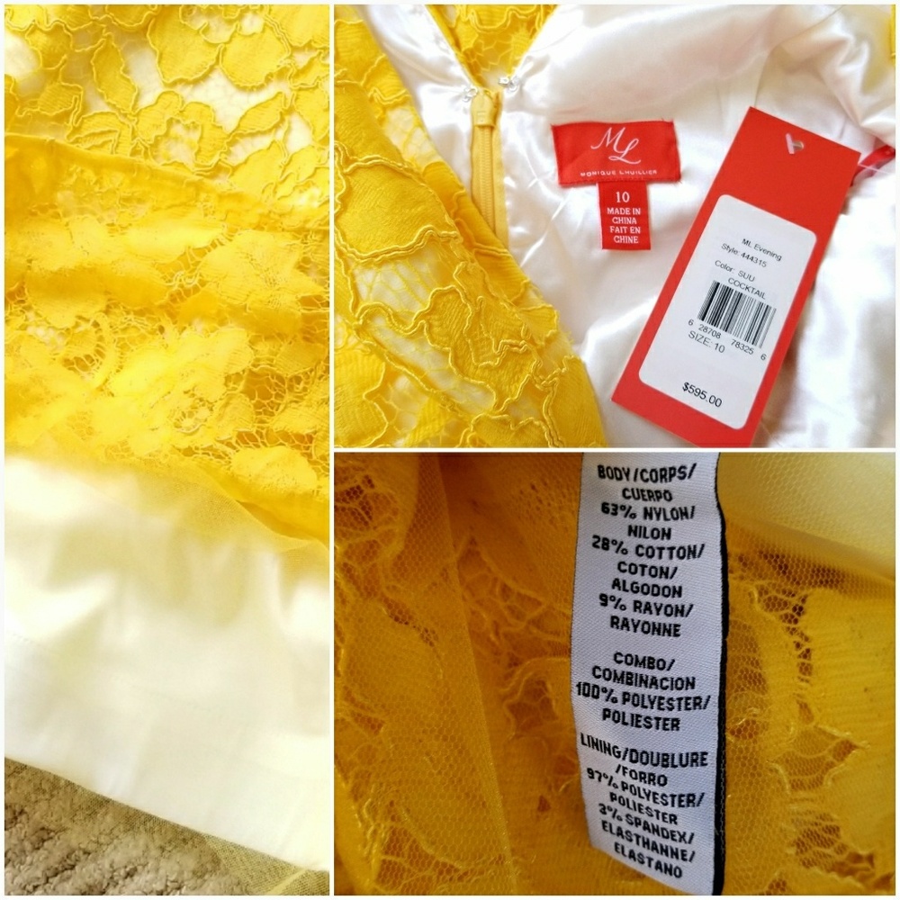 NWT Monique Lhuillier Yellow Lace Cocktail Dress - Picture 5 of 8